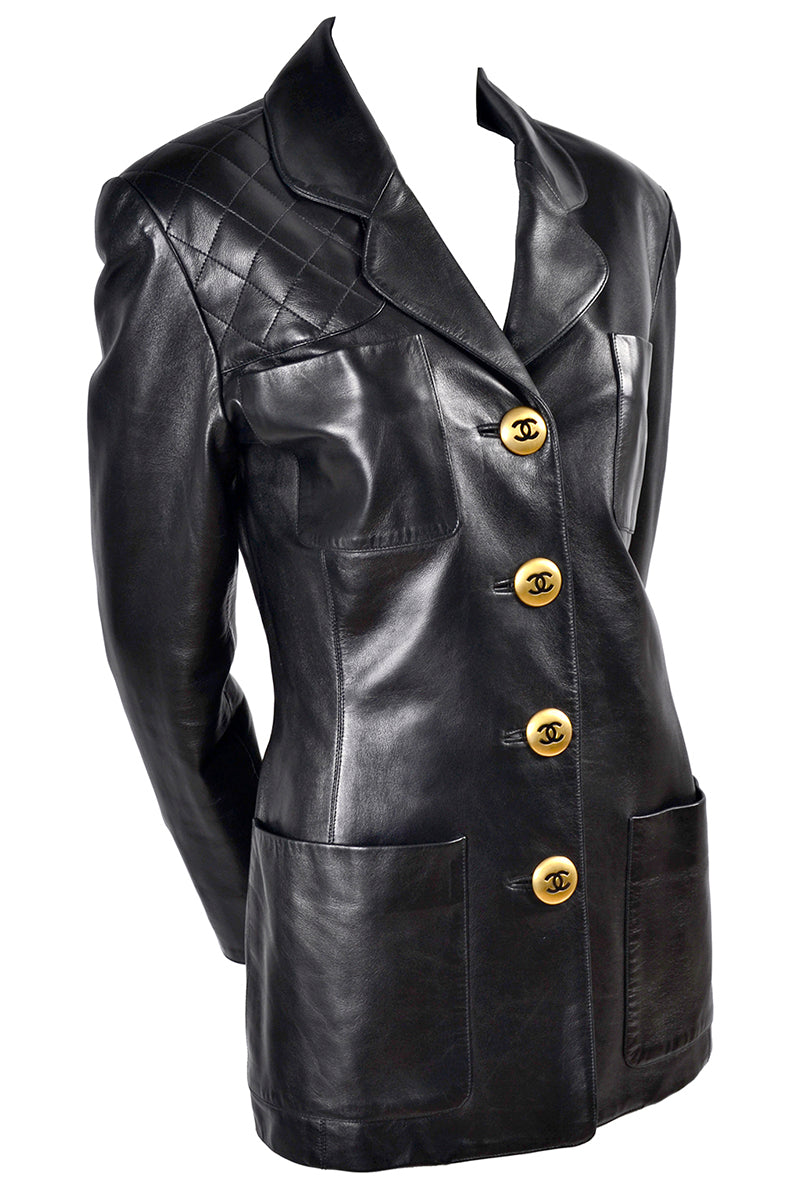 1990's Chanel Vintage Black Leather Jacket w/ Quilted Shoulder 38