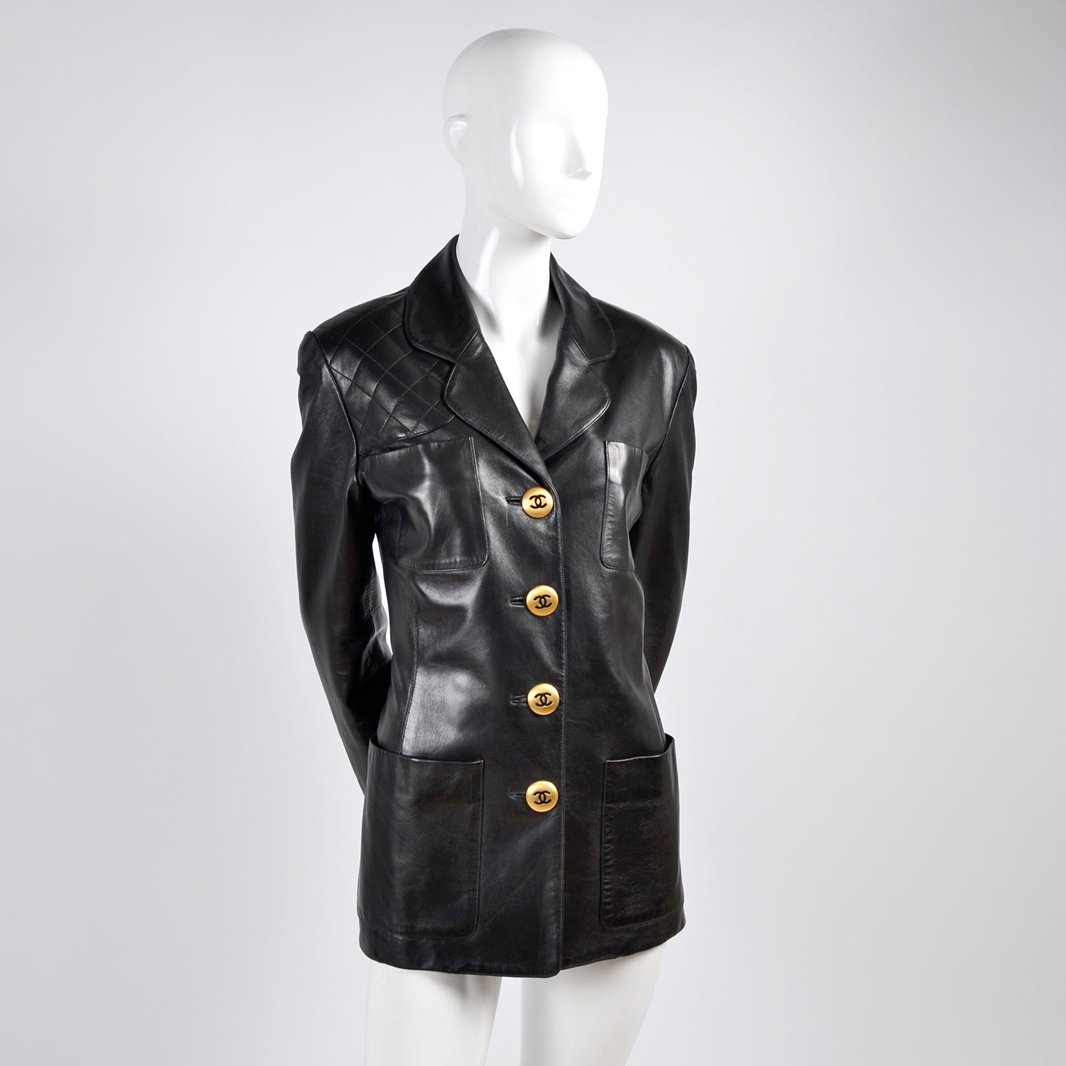 F/W 1992 Chanel Leather Jacket Black w/ Quilting & CC Logo Brass Buttons 6/8