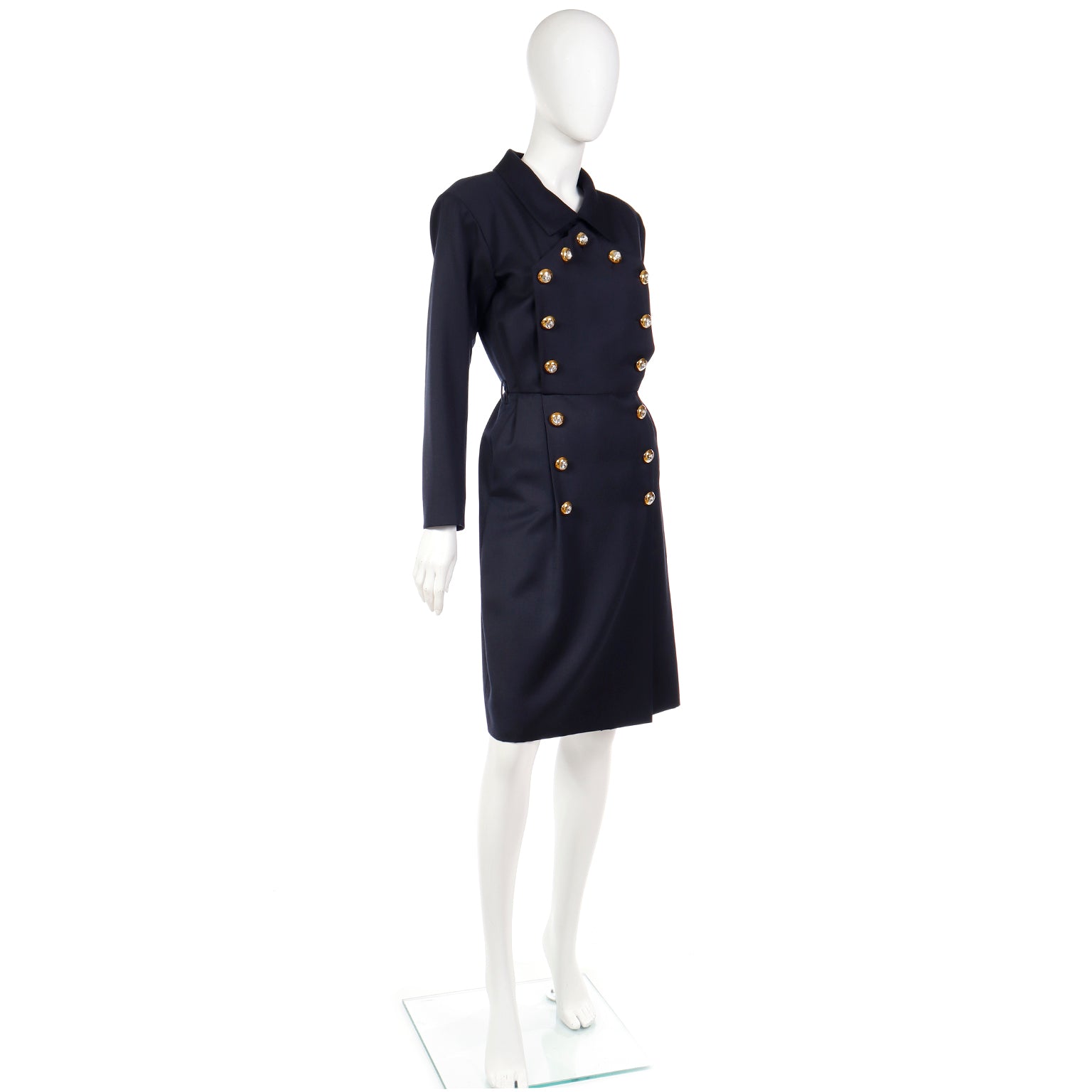 Yves Saint Laurent Vintage YSL Runway Navy Blue Dress w Gold Crystal Buttons Modig Yves Saint Laurent Vintage YSL Runway Navy Blue Dress w Gold Crystal Buttons Modig