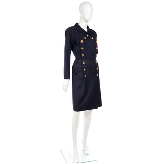 1992 Yves Saint Laurent Vintage YSL Navy Blue Dress w Gold Crystal Buttons Runway Documented