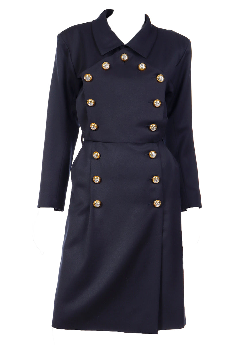 Yves Saint Laurent Vintage YSL Runway Navy Blue Dress w Gold Crystal Buttons Modig Yves Saint Laurent Vintage YSL Runway Navy Blue Dress w Gold Crystal Buttons Modig