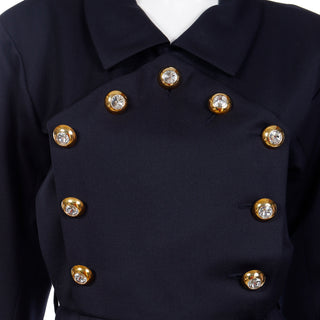 1992 Yves Saint Laurent Vintage YSL Navy Blue Dress w Gold & Crystal Buttons
