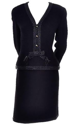 1994 Chanel black boucle wool skirt suit with plastic trim 