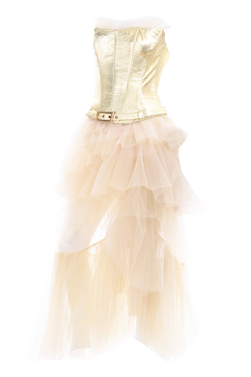 1990s Thierry Mugler Couture Gold Leather Corset Top & Tulle Skirt 2/4 Modig 1990s Thierry Mugler Couture Gold Leather Corset Top & Tulle Skirt 2/4 Modig