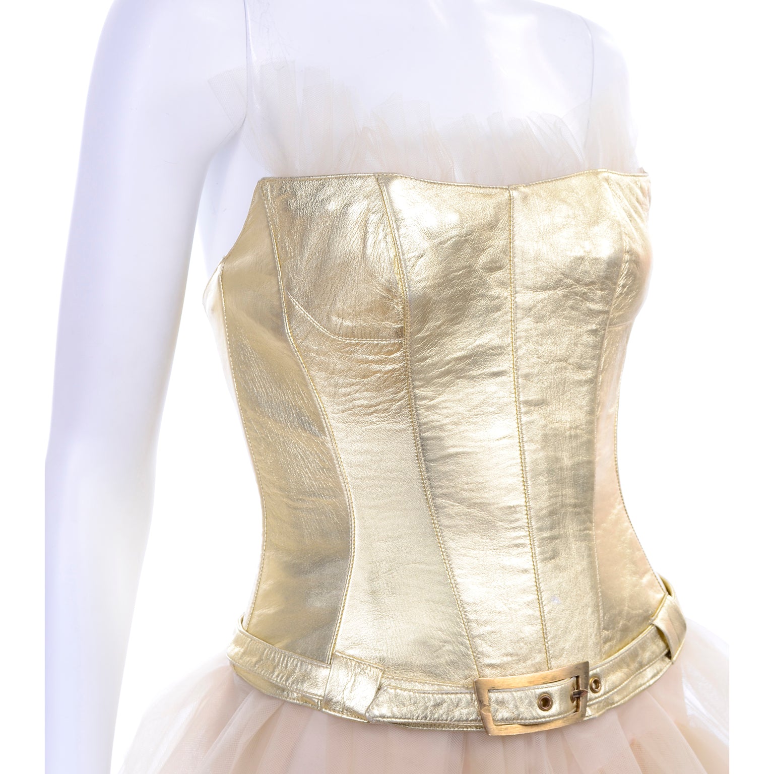 1990s Thierry Mugler Couture Gold Leather Corset Top & Tulle Skirt 2/4 Modig 1990s Thierry Mugler Couture Gold Leather Corset Top & Tulle Skirt 2/4 Modig