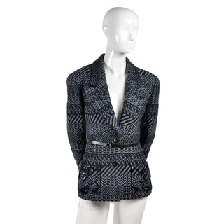 FW 2000 Chanel vintage Gray Black Pattern Blazer Jacket w belt