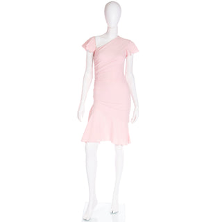 2000s Valentino Garavani Pink Silk Dress w Asymmetrical Neckline & Flutter Sleeves