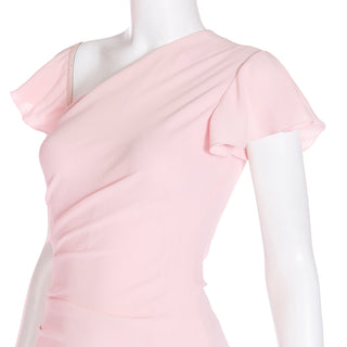 2000s Valentino Garavani Pink Silk crepe Dress w Asymmetrical Neckline and flutter sleeves