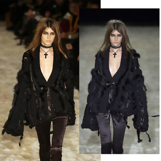 Fall/Winter 2002 Gucci runway photo of black chunky wool sweater jacket w/ Fox Fur