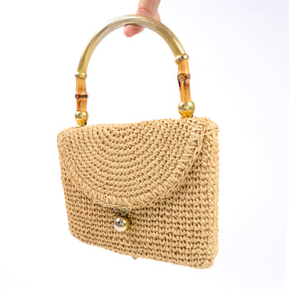 1960s Koret Double Sided Woven Jute Handbag w/ Bamboo Top Handle