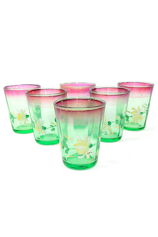 Antique Hand Painted Floral Green Glass Tumblers, Set of 6
