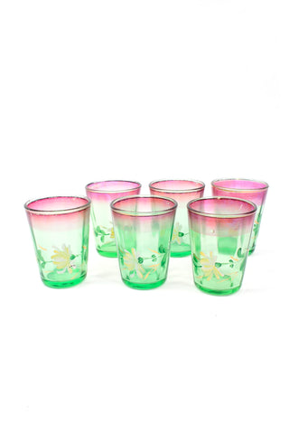 Antique Hand Painted Floral Green Glass Tumblers, Set of 6