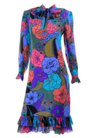 Louis Feraud Bold Floral Dress w Pleated Ruffle Hem & Neckline