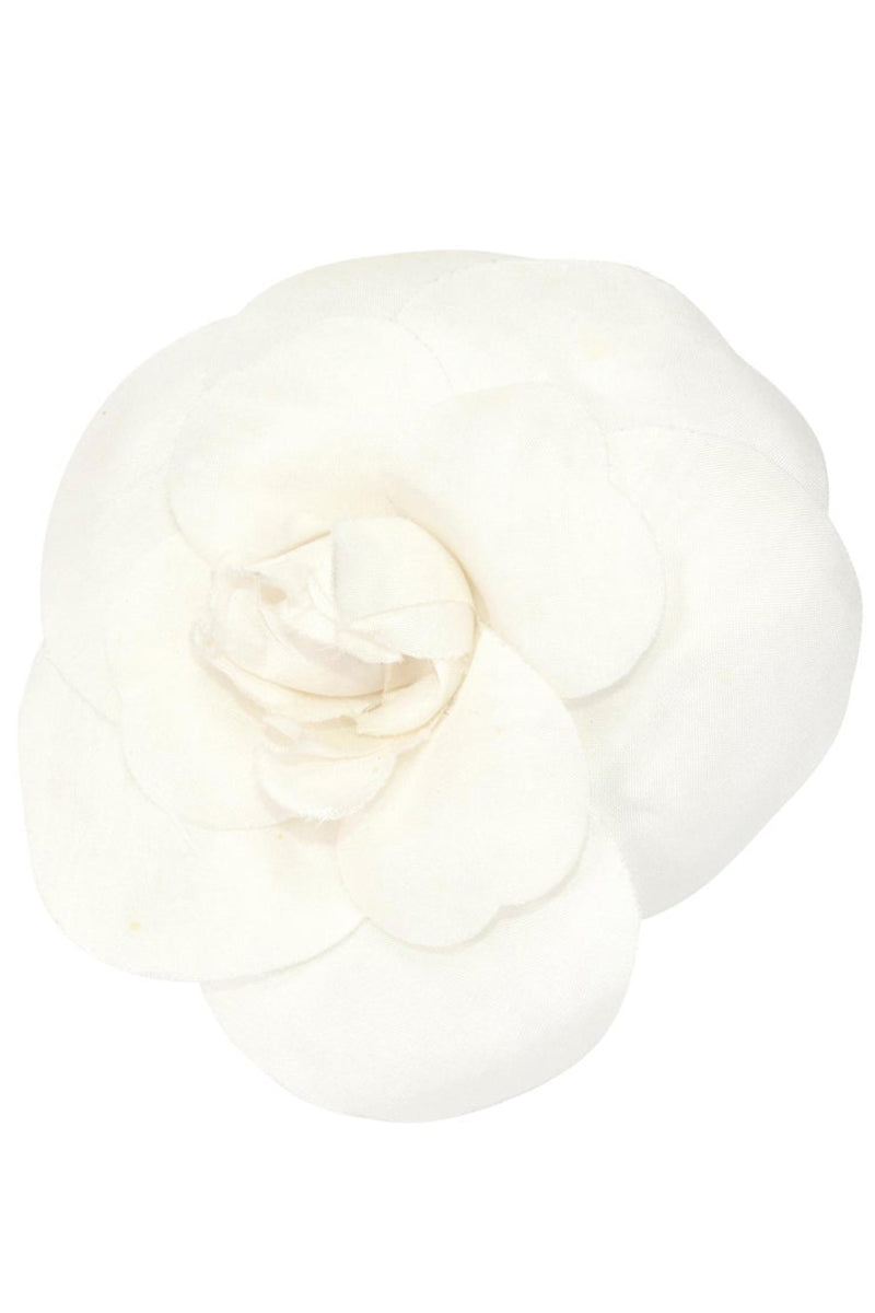 Vintage CHANEL ivory white silk camellia flower brooch with leaves