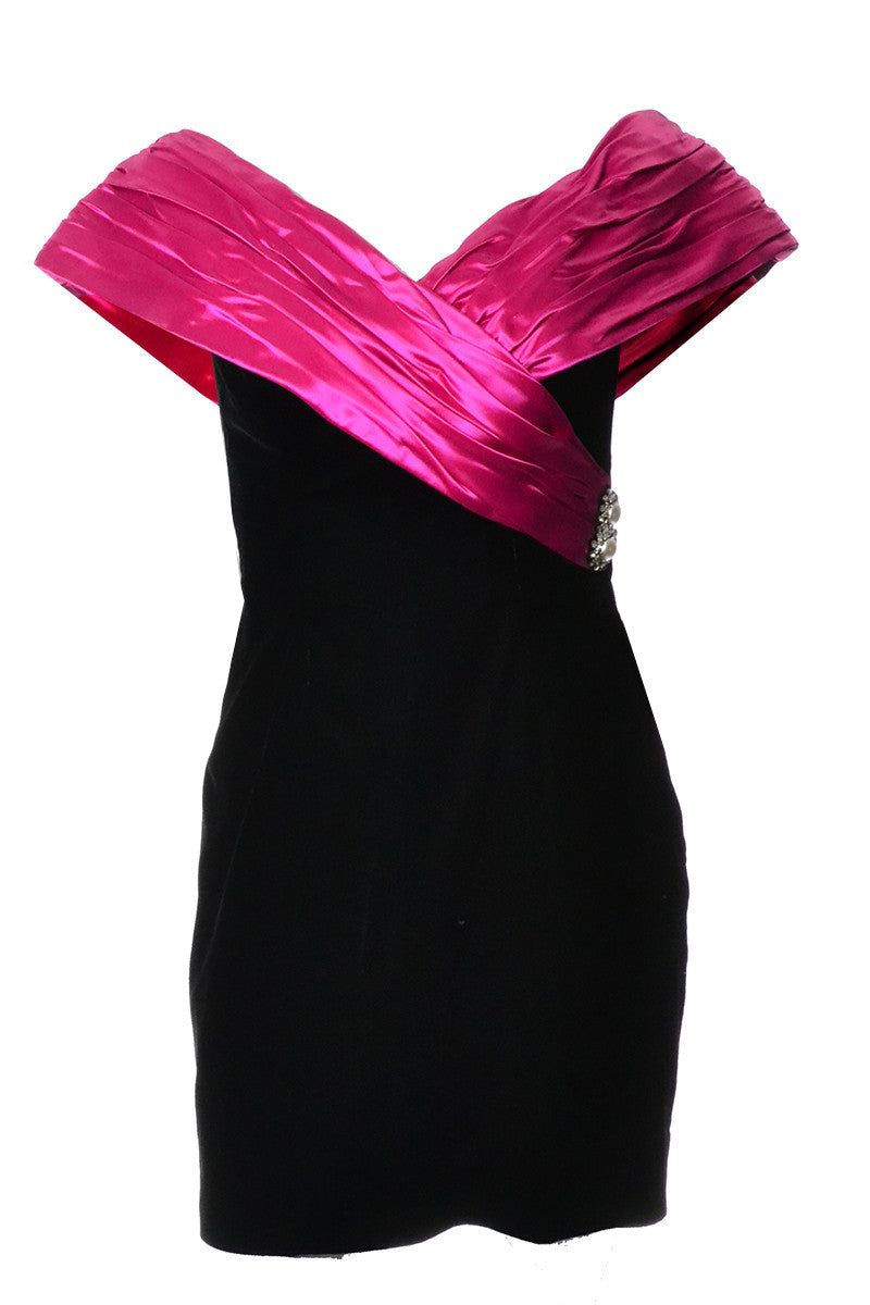80s Black Velvet Pink Satin Vintage Cocktail Dress Rhinestone Buttons Modig 80s Black Velvet Pink Satin Vintage Cocktail Dress Rhinestone Buttons Modig