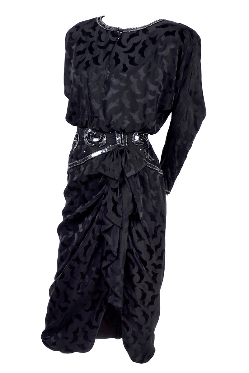 aj bari beaded dress 80s 90s AJ Bari Black and Blue Silk Sequined and Beaded Dress - Art Deco Design - Beautiful Contrast - Vintage Dress
