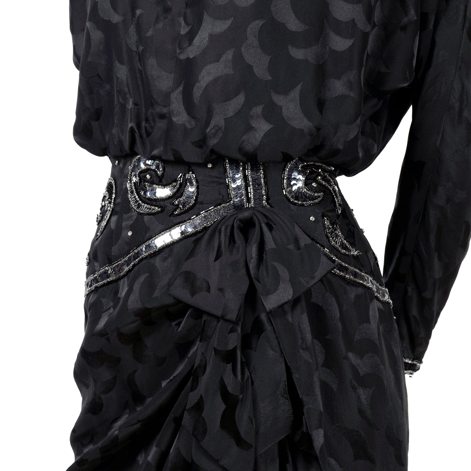 1980s AJ Bari Black Silk Dress Asymetrical Beaded w/ Sequins Modig 1980s AJ Bari Black Silk Dress Asymetrical Beaded w/ Sequins Modig
