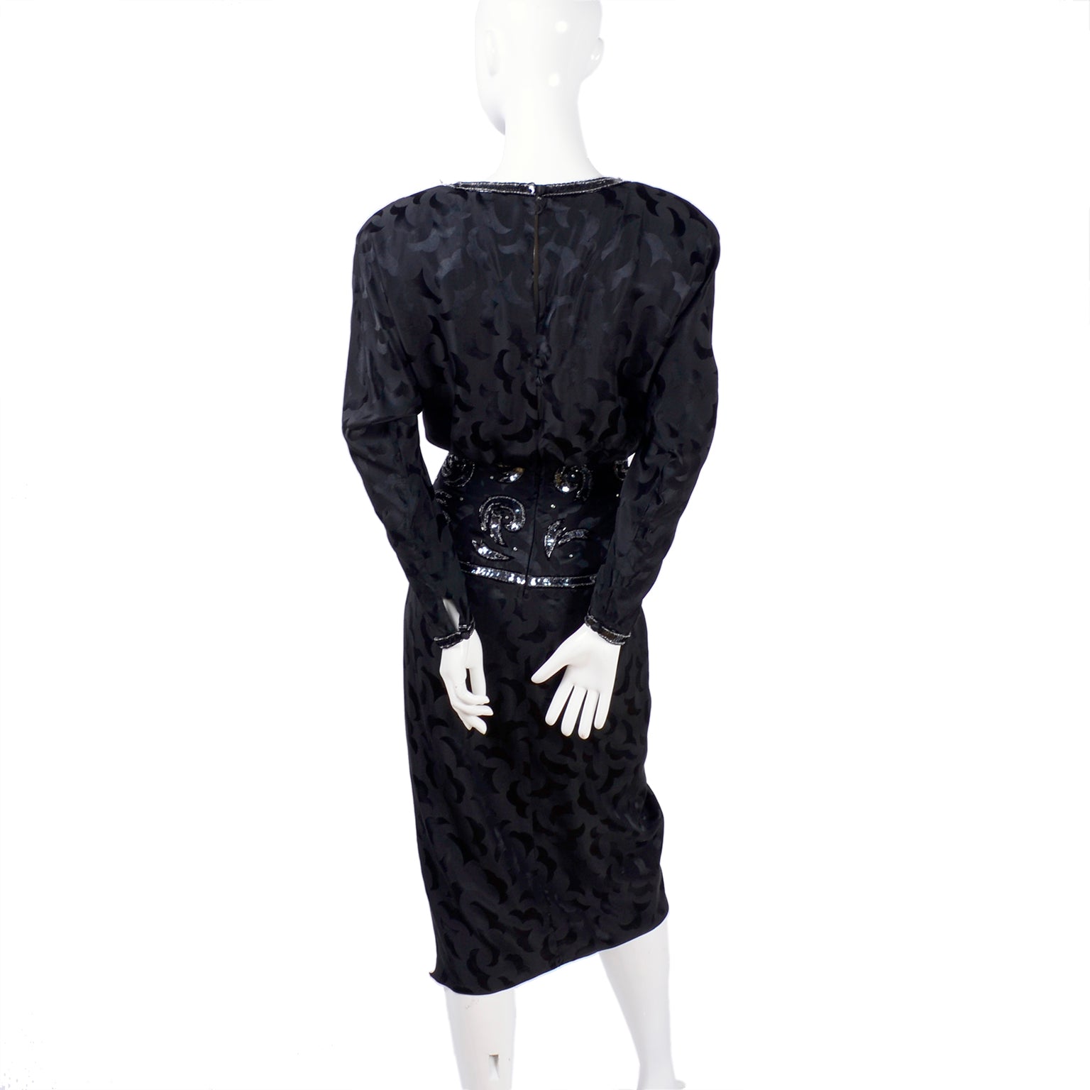 1980s AJ Bari Black Silk Dress Asymetrical Beaded w/ Sequins Modig 1980s AJ Bari Black Silk Dress Asymetrical Beaded w/ Sequins Modig