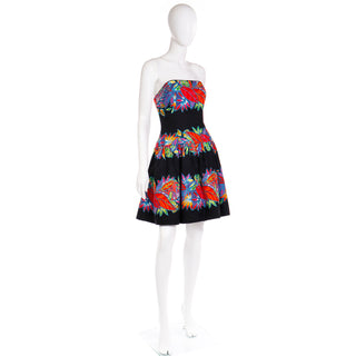 1980s Vintage AJ Bari Strapless Tropical Print Dress w tulle underskirt
