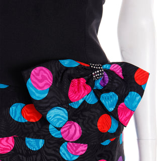 1980s AJ Bari Colorful Silk Polka Dot Strapless Dress w Bow sz s