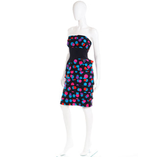 1980s AJ Bari Colorful Silk Polka Dot Print Strapless Dress w Bow 