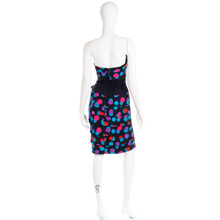 1980s AJ Bari Colorful Silk Polka Dot Strapless Dress w Bow Small