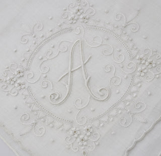 Burmel All White Vintage Monogrammed A Handkerchief with Tag SOLD - Dressing Vintage