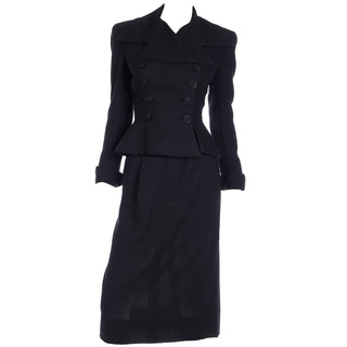 1947 Adele Simpson Documented Black Wool Cinched Waist Jacket w Skirt 1940s small
