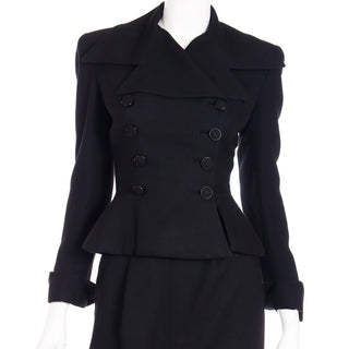 1947 Adele Simpson Documented Black Wool Cinched Waist Jacket w Skirt  S