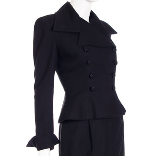 1947 Adele Simpson Documented Black Wool Double Breasted Cinched Waist Jacket w Skirt
