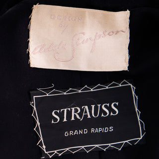 Vintage 1947 Adele Simpson Documented Black Wool Cinched Waist Jacket w Skirt 1940s