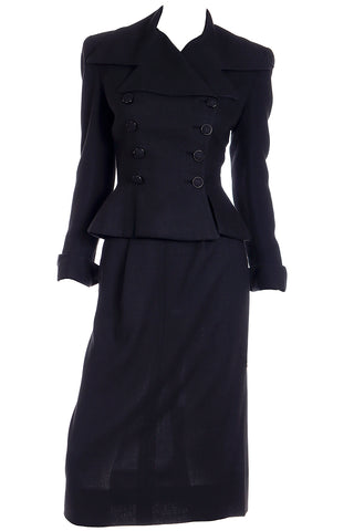1947 Adele Simpson Documented Black Wool Cinched Waist Jacket w Skirt