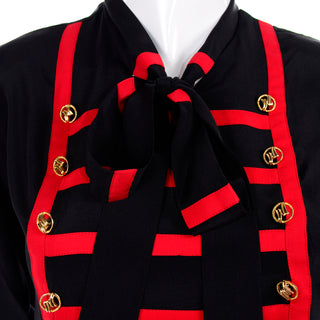 Adolfo Vintage Black Silk Blouse w Red Stripes & Gold Buttons