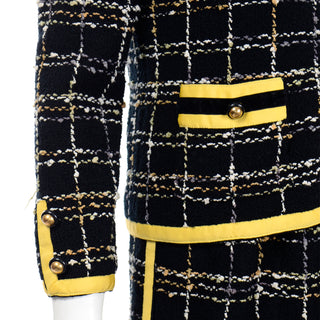 Adolfo Vintage Chanel Style Skirt & Jacket Suit Black Plaid Wool with yellow trim