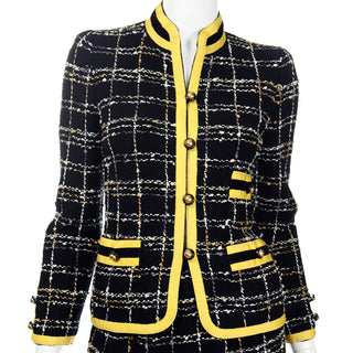 Black Boucle Plaid Wool Adolfo Vintage Chanel Style Skirt & Jacket Suit w yellow trim