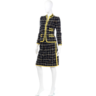 Adolfo Vintage Chanel Style Skirt & Jacket Suit with yellow trim Black Wool