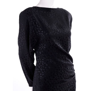 1980s Adolfo Vintage Black Silk Tonal Leopard Print Black 2 piece Dress 