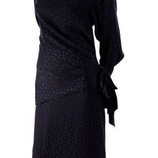 1980s Adolfo Vintage Black Silk Tonal Leopard Print 2 piece Dress