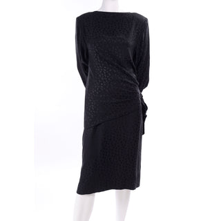 1980s Adolfo Vintage Silk Tonal Leopard Print Black 2 piece Dress with draping