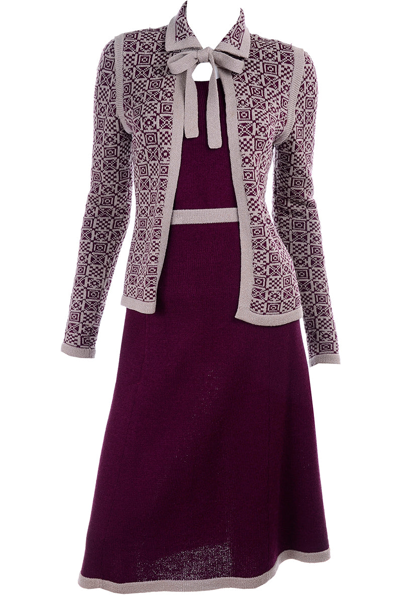 1970s Adolfo Vintage Dress & Bow Cardigan Suit in Burgundy & Tan Modig 1970s Adolfo Vintage Dress & Bow Cardigan Suit in Burgundy & Tan Modig