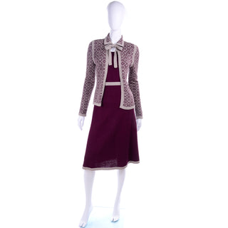 1970s Adolfo Vintage Burgundy Skirt Top & Cardigan Jacket dv
