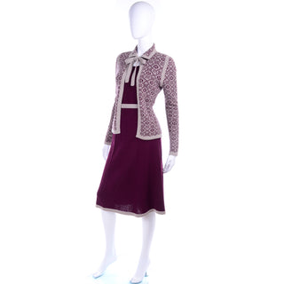 1970s Adolfo Vintage Burgundy Skirt Top & Cardigan Jacket 3pc