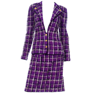 Adolfo Vintage Purple Plaid Wool Knit Jacket & Skirt Suit