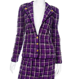 70s Adolfo Vintage Purple Wool  plaid Jacket & Skirt Suit