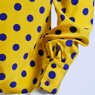 Yellow Adolfo vintage silk blouse blue Polka dots