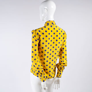 Yellow blue polka dot Adolfo vintage silk blouse