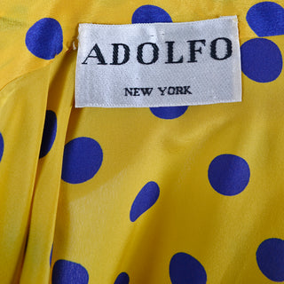 Adolfo blouse with bow in yellow blue polka dot silk