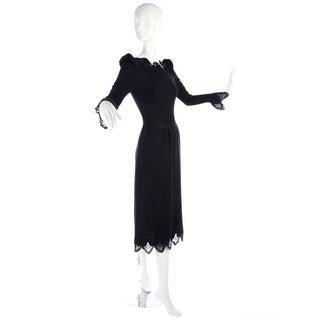 1970s Adolfo Vintage Black Dress With Lace & Sequin Trim
