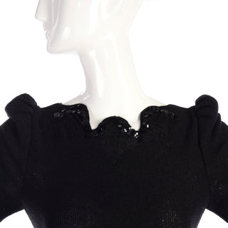 1970s Adolfo Vintage Black Dress With Lace & Sequin Trim