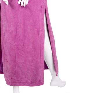 1980s Adolfo pink suede coat with side slits at Dressing Vintage